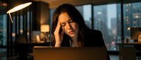 Stressed businesswoman with headache working late on laptop in modern office with city view at night. Overworked professional dealing with burnout.