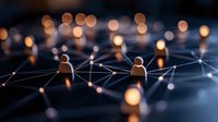 Network of connected human figures with glowing nodes and lines representing digital connections on dark background with bokeh light effects.
