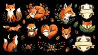 Cute fox clipart set with autumn floral elements, acorns, and banners, isolated on transparent background. Great for stickers, t-shirt design, and print on demand.