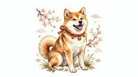 Smiling Shiba Inu dog with fluffy coat wearing decorative collar, surrounded by autumn leaves and branches on isolated white background for design projects.