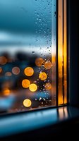 Raindrops on window glass with blurred city lights creating golden bokeh effect against dark blue evening sky, moody atmospheric photography for backgrounds.