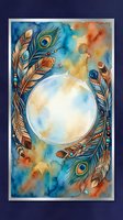 Watercolor moon surrounded by ornate feathers and peacock plumes in bohemian style with tribal patterns on colorful blue orange background for spiritual designs.