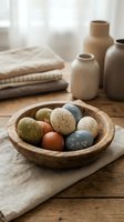 Colorful decorated eggs with botanical patterns in wooden bowl on rustic table with ceramic vases and linen textiles for spring home decor styling.