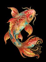 Ornate koi fish with gold details, red and blue tones, Asian art style, isolated on transparent background, great for stickers, sublimation, t-shirt design.