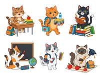 Cartoon cats engaged in educational activities, reading books, studying at desks, and learning with school supplies. Isolated clipart collection suitable for children's educational materials, t-shirts, and design projects.
