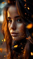 Atmospheric portrait with golden light and floating embers creating magical ambiance. Close-up beauty shot with dramatic lighting perfect for fashion, beauty, and lifestyle advertising.