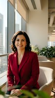 Confident Hispanic businesswoman in red blazer smiling in modern office with city view, professional corporate portrait for leadership and success concepts.