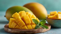 Fresh ripe mango slices on wooden cutting board with mint garnish and whole mangoes in background for healthy tropical fruit recipes and cooking.