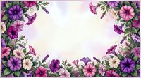 Watercolor floral frame with purple pink flowers and green leaves on soft background for wedding invitations greeting cards and romantic designs.