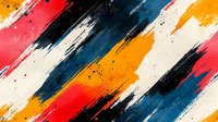 Dynamic diagonal brush strokes in red, blue, and orange create energetic abstract composition with paint splatters and white negative space on dark background.