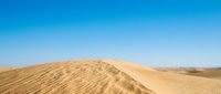 Golden sand dune under clear blue sky, suitable for travel, nature, and desert landscape backgrounds.