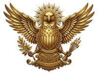 Golden eagle emblem with spread wings, shield, laurel branch and arrows on white background, isolated design element suitable for logos, seals, emblems and official insignia applications.