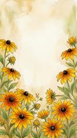 Watercolor floral frame with yellow orange daisies and green leaves on textured paper background for greeting cards and invitations.