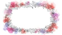 Watercolor floral frame with hand-drawn line art flowers and colorful splashes on white background for wedding invitations and romantic designs.