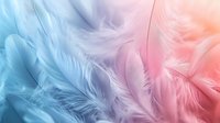 Delicate feathers in soft pastel colors creating dreamy texture, gradient from blue to pink with purple transition, macro close-up showing fluffy details.
