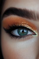 Close up of green eye with glamorous golden glitter eyeshadow makeup, long black eyelashes and defined eyebrow on light skin. Professional beauty cosmetics application.
