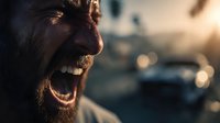 Aggressive man screaming with intense facial expression showing anger and rage in urban street setting with blurred car background during golden hour lighting.
