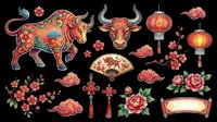 Lunar new year decorative elements collection featuring ornate bull, lanterns, flowers, and traditional Asian symbols isolated on transparent background. Ready for t-shirt design, clipart, stickers, sublimation, and print-on-demand projects.