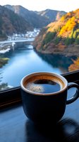 Hot coffee cup on wooden table overlooking serene mountain lake with autumn foliage and colorful fall landscape at sunrise for relaxation and travel concepts.