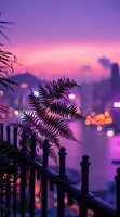 Silhouette of fern leaves against purple and pink sunset cityscape with bokeh lights, metal railing in foreground creates dreamy urban nature composition.
