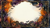 Halloween frame with spooky pumpkins, bats, spider webs and bare trees on cream background. Autumn seasonal border for party invitations and decorations.