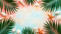Tropical summer frame with palm leaves, seashells and starfish on sandy beach background for vacation and travel designs.