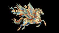 Colorful ornate winged horse with swirling flame details, isolated on transparent background, ready for t-shirt design, stickers, sublimation, and print on demand.