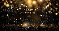 Festive golden bokeh lights and glowing particles on dark background with Happy New Year 2024 greeting text create magical holiday atmosphere.