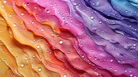 Colorful rainbow waves with water drops creating abstract macro background with orange, pink and purple gradient transitions and realistic wet surface texture.