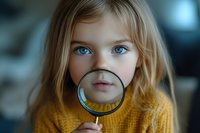 Young girl with bright blue eyes wearing yellow sweater holds magnifying glass in front of her mouth creating playful optical illusion against blurred background.