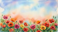 Watercolor poppy field in vibrant red, orange, and pink tones against a soft pastel sky, perfect for greeting cards and wall art.