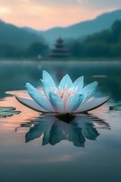 Serene water lily floating on calm lake at sunset with pagoda silhouette in background mountains, reflecting soft pink and turquoise colors in tranquil water.