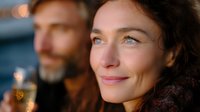 Smiling woman with dark curly hair and bright eyes in evening light with blurred male figure in background, warm bokeh lighting creates romantic mood.