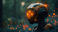 Futuristic astronaut helmet reflecting orange sparks against dark background, dramatic sci-fi composition with glowing particles and moody atmosphere.