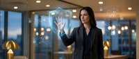 Professional businesswoman touching holographic shield interface in modern office environment representing cybersecurity and data protection technology.