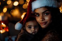 African American mother and child wearing Santa hats share tender moment against warm bokeh lights background during holiday season celebration.