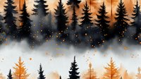 Mystical forest silhouette with glowing fireflies and fog at sunset, pine trees casting shadows against orange sky background. Watercolor style nature scene.