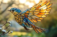Stained glass style bird in flight with spread wings featuring vibrant blue and golden yellow feathers against soft bokeh background. Decorative artistic design.