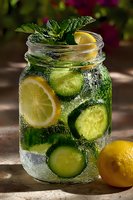Refreshing detox water with cucumber, lemon slices and fresh mint in mason jar, served outdoors on wooden surface with colorful garden background.