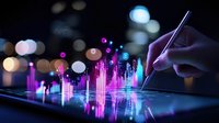 Digital financial chart glowing in pink and blue neon colors on tablet screen with hand holding stylus pen, blurred city lights background creates modern business atmosphere.