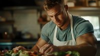 Muscular male chef in white apron carefully preparing fresh healthy meal in restaurant kitchen. Athletic Caucasian man cooking with focused expression.