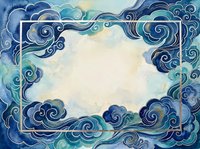 Ornate blue swirl frame with decorative clouds and waves border design on textured background for elegant invitations and artistic projects.