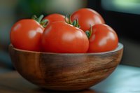 Fresh ripe red tomatoes in wooden bowl against blurred background, close up view. Natural organic produce for healthy cooking and food photography.