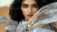 Young Middle Eastern woman with flowing black hair and intense gaze wrapped in ethereal white fabric against warm background, fashion portrait highlighting natural beauty.