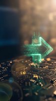 Glowing green digital arrow hologram emerging from circuit board with bokeh lights representing technology advancement and data flow direction.