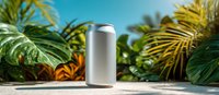 Blank aluminum can mockup on concrete surface against tropical palm leaves and blue sky background for beverage product presentation.