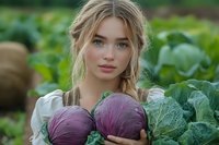 Young woman with blonde braided hair and fair complexion holding fresh purple cabbage in vegetable garden surrounded by green plants and foliage.