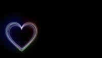 Glowing neon heart outline with colorful light trails on black background for romantic designs and Valentine's Day projects.