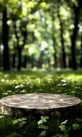 Natural wooden stump platform in green forest with blurred bokeh background and grass, sunlight filtering through trees creates magical atmosphere.