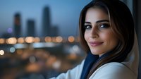 Young Hispanic businesswoman smiling confidently against blurred urban cityscape with bokeh lights at dusk, wearing white blazer and professional makeup.